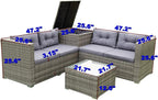 4-Piece Patio Furniture Outdoor Sofa Set, Wicker Sectional Loveseat Couch with Large Storage Box and Glass Table, for Garden Backyard Porch, 1, Gray