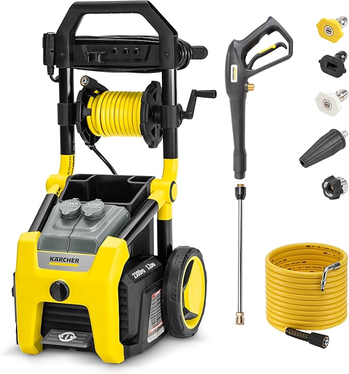 Kärcher Pressure Washer K2300PS, CETA Certified, 4 Spray Nozzles, Detergent Tank, Hose Reel, for Cars, Driveways, Siding, Patios, 1.2 GPM