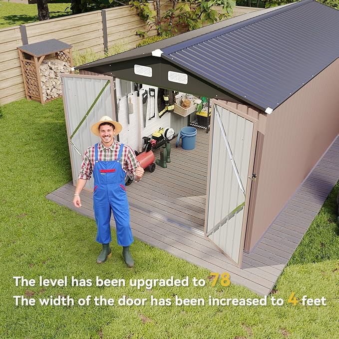 Aoxun 8'x15' Outdoor Metal Storage Shed with Lockable Door & Sloping Roof- Ideal for Tools, Garden Equipment & Bikes, Perfect for Patio Placement(Brown)