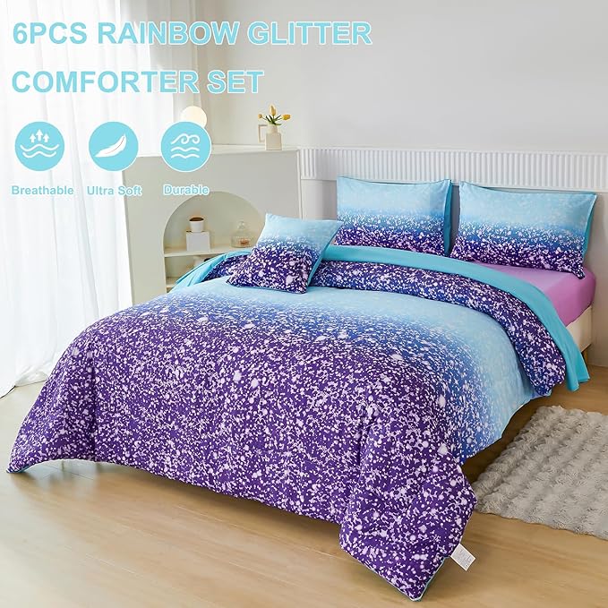 PERFEMET Queen Comforter Set with Sheets, 6 Pcs Blue Purple Girls Bedding Set, Tie Dye Rainbow Comforter for Queen Size Bed, Colorful Ombre Bedroom Decor Bed in A Bag for Teens Girls