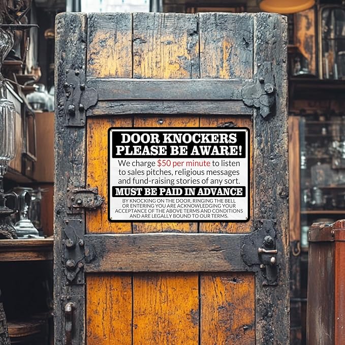 No Soliciting Sign for House Front Door - Funny Metal Tin Signs Room Decor Door Knockers Please Be Aware Warning Yard Sign, Home Bedroom Wall Art Decorations 8x12 Inch