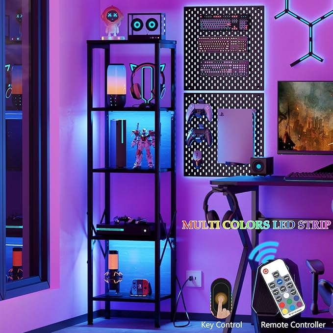 Furologee 5 Tier Book Shelf with LED Light, Tall Display Bookcase with Back, Narrow Industrial Standing Shelving Units, Metal and Wooden Storage Rack for Bedroom, Living Room, Office, Black Oak