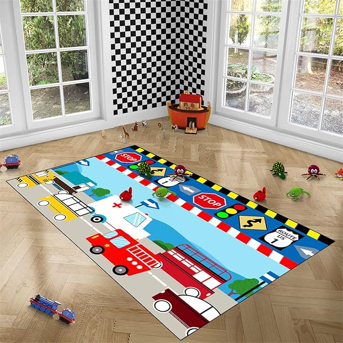 Cartoon Ambulance Car Area Rug Car Carpet for Kids Play Rug for Cars and Trucks Car Rug Play Mat Car Track Rug Truck Rugs for Boys Room Rugs for Boys Bedroom,Light Blue 3'×4'