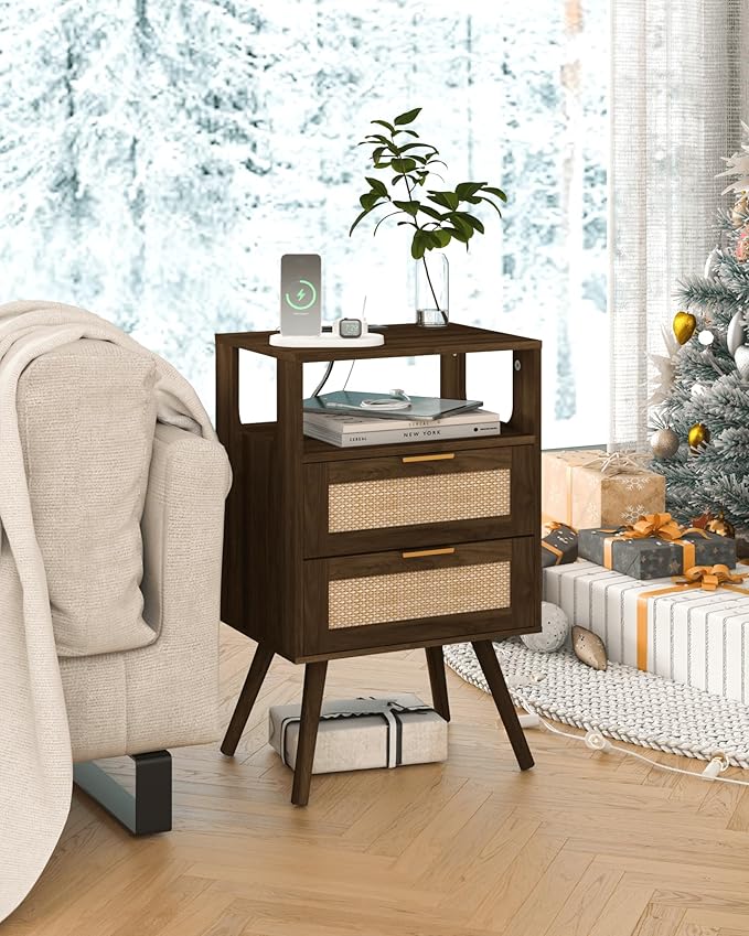 Rattan Nightstand with Charging Station,Modern Bedside Table with 2 Storage Drawer and Open Wood Shelf, for Bedroom and Small Spaces,Night Stand with Solid Wood Legs (Walnut Brown)