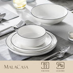 MALACASA 24 Pcs Porcelain Plates and Bowls Sets,Dinnerware Set for 6,White | Modern Ceramic Dishware Set,Kitchen Dining Ware,Microwave and Dishwasher Safe,Simple White with Black Trim Design,Series LUNA