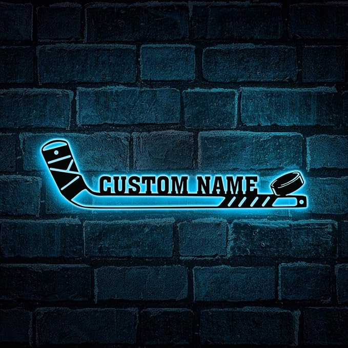 Custom Hockey Stick LED Sign – Personalized Name Light Up Hockey Sign, Neon Wall Light with Puck, Hockey Wall Decor for Boys Room, Man Cave, Players