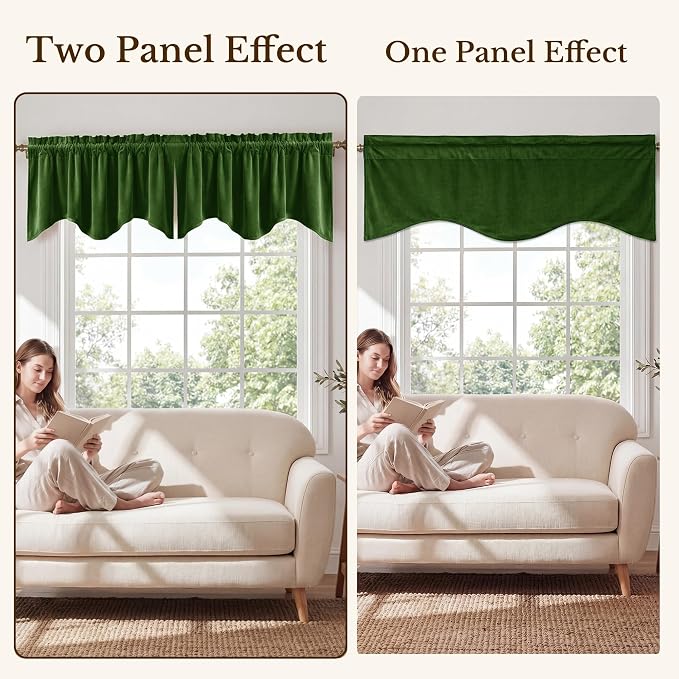 Moss Green Scalloped Velvet Valance 52x18 Inch 1 Panel | Thick Wavy Green Kitchen Curtains, Decorative Small Window Treatment for Living Room, Bathroom, Rod Pocket