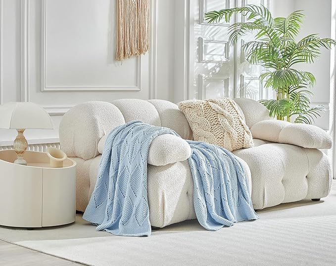 Longhui bedding Chunky Cotton Knit Throw Blanket for Couch, Sofa, Bed, or Chair, Decorative Breathable Fall Cable Knit Blanket 51 x 63 Inches, Light Blue