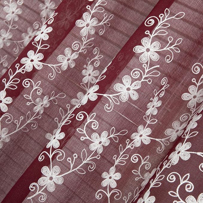 Red Sheer Curtains 84 Inches Long 2 Panels, White Floral Pattern Drapes for Living Room, Light Filtering Rod Pocket Window Treatments for Office, 54 x 84 Inches