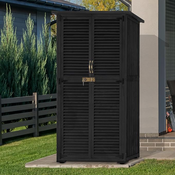 MCombo Outdoor Storage Cabinet, Wooden Storage Shed with Latch, Outside Garden Tool Shed with 2 Doors for Patio Yard Lawn, 0808 (Black, Medium)
