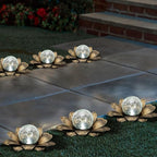 LEWIS&WAYNE Solar Garden Lights Outdoor, 3 Pcs Coppery Lotus Flower Pathway Lamps with Cool White Crackle Glass Globe Led Lights for Patio Pathway Yard Balcony Garden Decorations