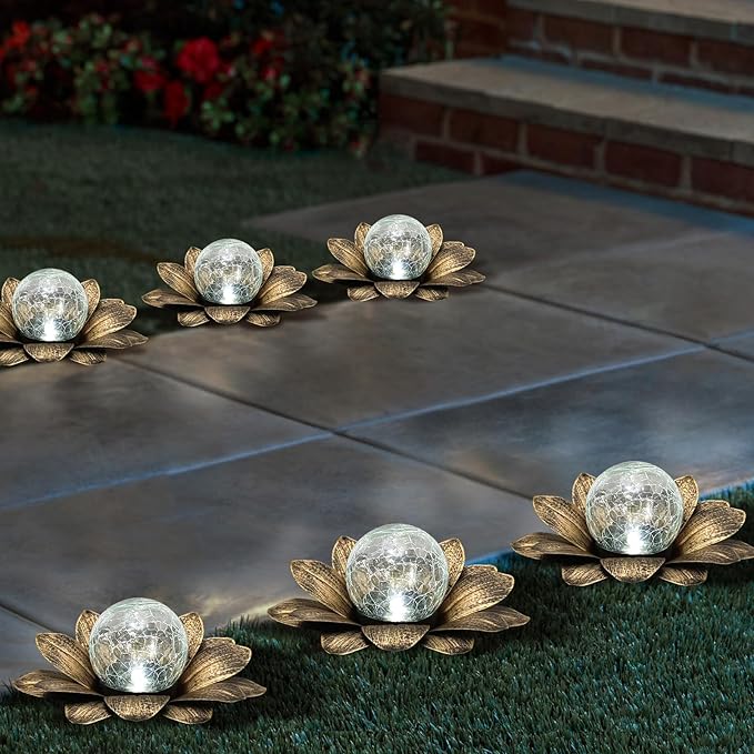 LEWIS&WAYNE Solar Garden Lights Outdoor, 3 Pcs Coppery Lotus Flower Pathway Lamps with Cool White Crackle Glass Globe Led Lights for Patio Pathway Yard Balcony Garden Decorations
