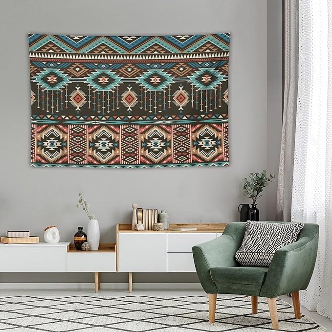 HZOHNAGO Aztec Tapestry Turquoise Blue and Brown and Native American Tribal Pattern Printed Wall Tapestry Wall Hanging for Bedroom Living Room Dorm 60" W x 40" H