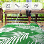 Waterproof Outdoor Rug 6x9ft, Green Leaf Reversible Plastic Straw Mat for Patio RV Deck Porch Backyard Balcony Camping Picnic Beach Indoor Outdoor Carpet, Green&White