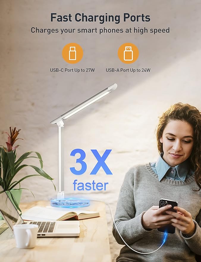 Desk Lamp, Dimmable Desk Light with USB Charging Port, Led Desk Lamp with 10 Brightness Levels & 5 Color Temperature, Touch Control, Adjustable Arm, Eye-Caring for Home Office Bedroom Reading