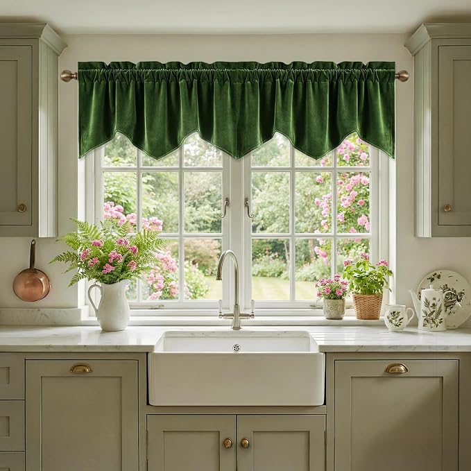 Moss Green Scalloped Velvet Valance 52x18 Inch 1 Panel | Thick Wavy Green Kitchen Curtains, Decorative Small Window Treatment for Living Room, Bathroom, Rod Pocket