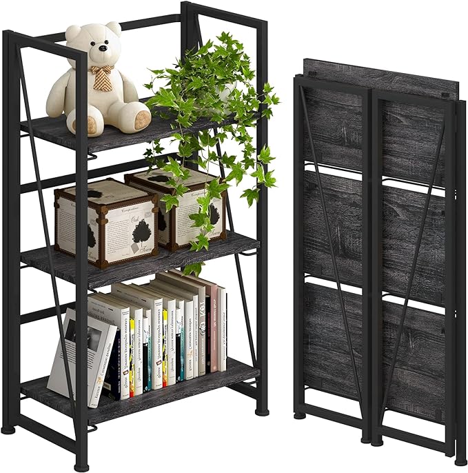 4NM No-Assembly Folding Bookshelf Storage Shelves 3 Tiers Vintage Bookcase Standing Racks Study Organizer Home Office (Gray and Black)