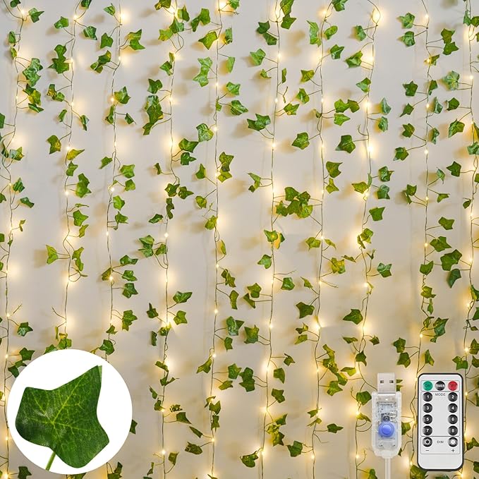 suddus Vines with Light for Bedroom, 200 LED Fairy Lights with Vines, Ivy Curtain Lights for Dorm, Wedding, Party, Wall, Indoor, Outdoor Decor, 6.5ft x 6.5ft
