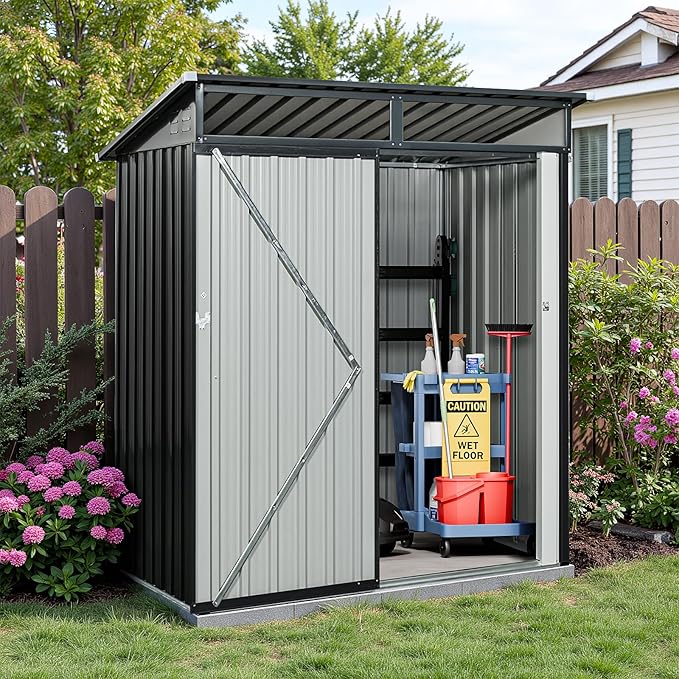 5x3 FT Black Outdoor Metal Storage Shedfor Tools, Lawnmower, Bikes & Outdoor Gear, Lockable, Waterproof & UV-Resistant Heavy-Duty Steel 3x5 Shed for Backyard, Patio & Lawn, Easy Assembly
