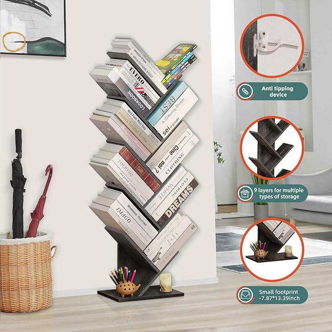 10 Tier Tree Book Shelf, Floor Standing Wood Bookshelf for Narrow Space, Storage Organizer Bookshelves for Books/CDs/Magazine, Bookcase with Shelves for Home Office, Living Room - Light Grey