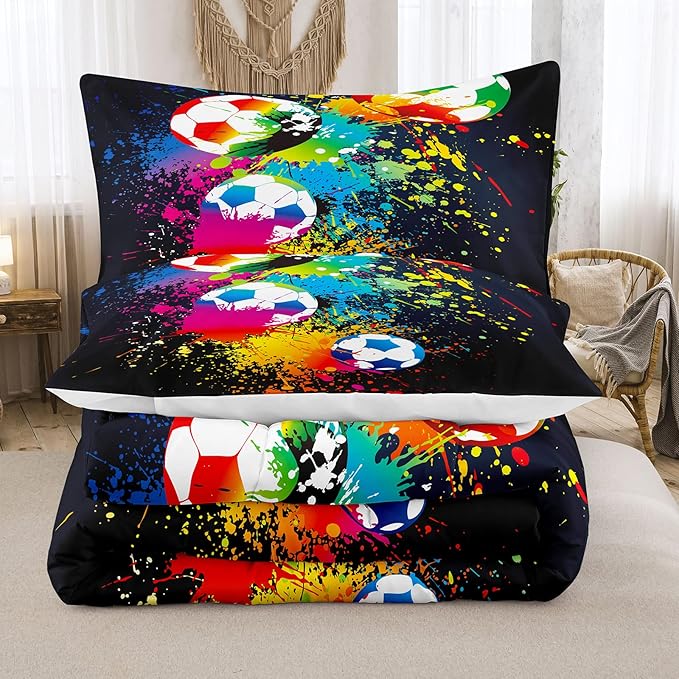 Bodhi Boys Teen Comforter Set Queen,Soccer Comforter Set Queen,Boys Sports Comforter Set Queen,Rainbow Graffiti Football Bedding Set for Boys,Kids,Teens with Matching Pillowcases