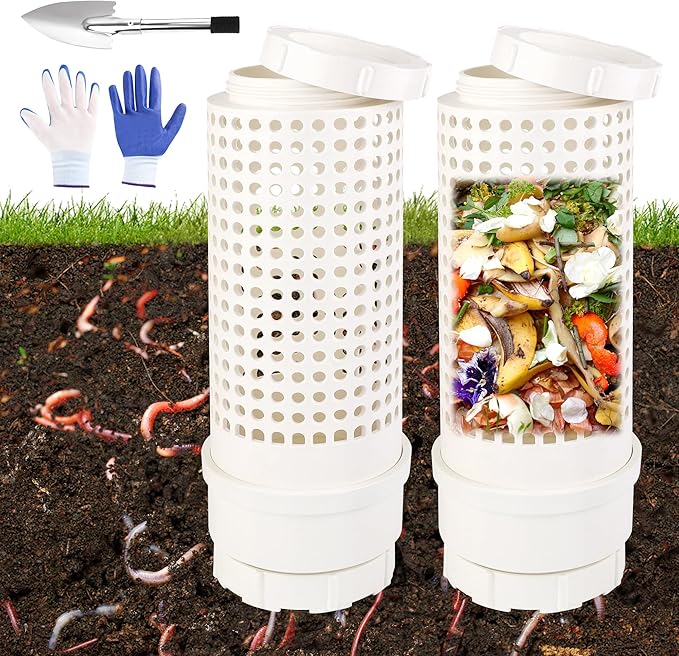 2 Packs Inground Worm Composter, Outdoor Worm Farm Compost Bin Kit with Lid for Raised Garden Beds, Reducing Food Waste Composting Systems - with Shovel & Gloves