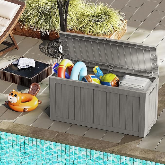 Mars Villa 72 Gallon Deck Box, Outdoor Storage Box Waterproof, Outside Resin Storage Bin for Patio Furniture Cushions, Pool Supplies, Garden Tools, UV-Resistant and Weatherproof, with 4 Wheels, Greige