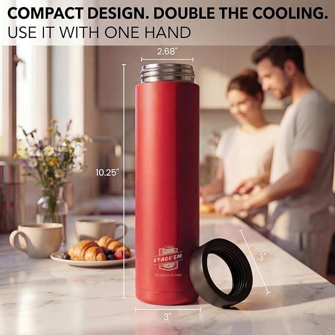 Stack'Em Patented Double Can Cooler Insulator - Holds Two 12 oz Cans - Stainless Steel Stackable Thermocooler - Reusable Drink Holder for Beer, Seltzer, Soda, Energy Drinks Red