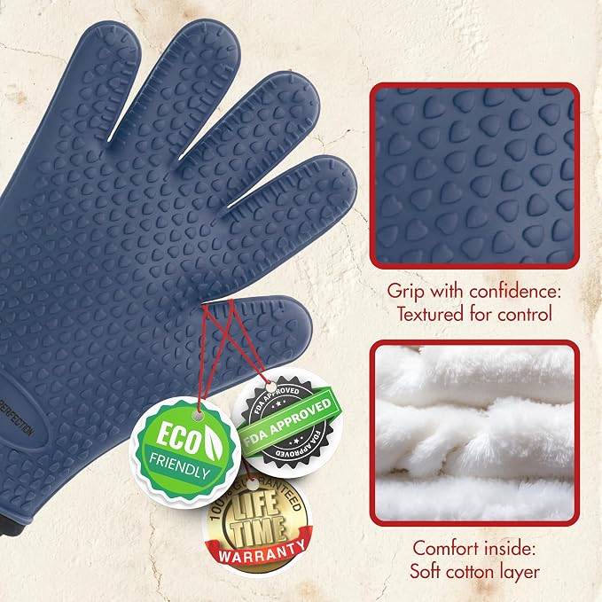 KITCHEN PERFECTION Silicone Griddle Grill Gloves Heat Resistant Oven Mitts | Waterproof, 5-Finger Design For A Better Grip, Best Griddle Grilling Accessories, Compatible with Blackstone, Weber & More