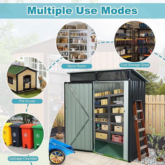 Sheds & Outdoor Storage 5ft x 3ft Metal Storage Shed with Transparent Plate, Hinged Door Design Small Garden Tool Storage Cabinet for Backyard, Patio, Poolside, Black