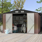Aoxun 10x8 FT Outdoor Storage Shed with Double Hinged Large Door Utility Garden Shed with Lockable Door & Sloped Roof Metal Sheds Outdoor Storage for Garden, Backyard, Patio and Backyard, Brown