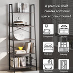 Yusong Bookshelf, Ladder Shelf 5-Tier Bookcase for Bedroom, Industrial Book Shelves Storage Rack with Metal Frame for Home Office, Gray