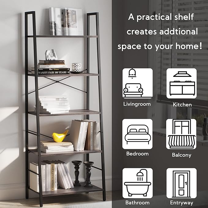 Yusong Bookshelf, Ladder Shelf 5-Tier Bookcase for Bedroom, Industrial Book Shelves Storage Rack with Metal Frame for Home Office, Gray