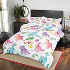 Cartoon Dinosaur Comforter Set Twin 3Pc Kawaii Dinosaur Bedding Set All Season with Tree, Leaf Decoration includes 1 Comforter, 2 Pillowcases for Kids Girls Teens