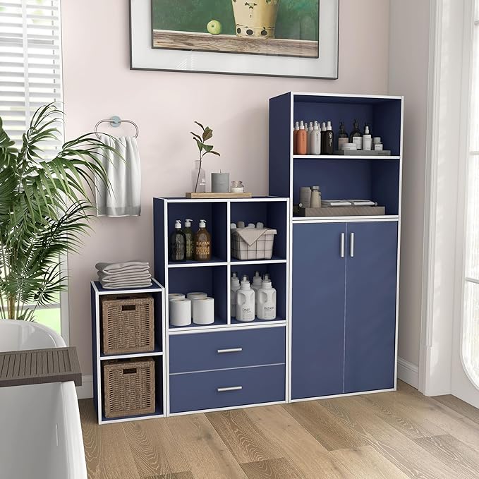 Apexa 4 Cube Storage Organizer Shelves, Stackable Wood Bookcase Fits Cubby Bins for Organization, Dorm Teen Room Decor & Home Office, Steel Blue