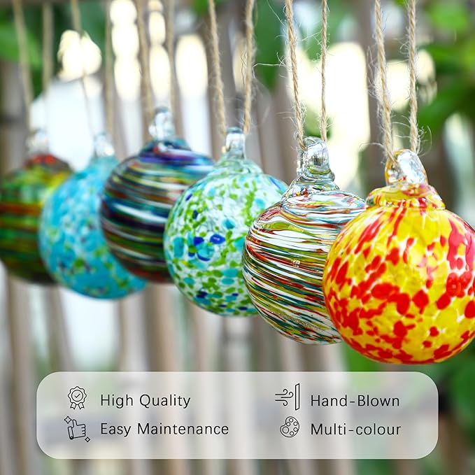 Set of 6 Hand Blown Glass Christmas Ornaments Hanging Gazing Ball Witches Ball Christmas Decor for Garden Patio Window Xmas Tree
