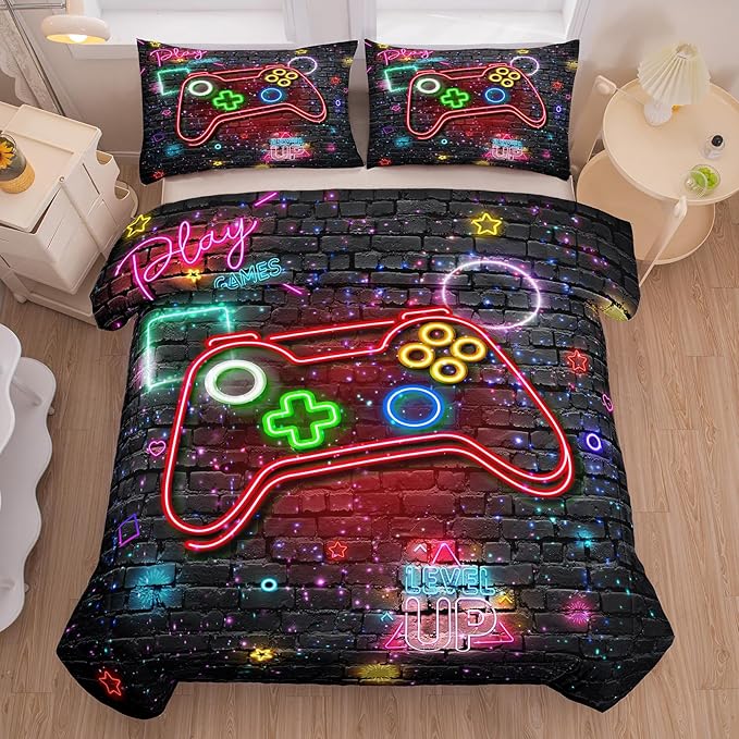 NINENINE Full Size Bedding Sets for Boys 5PCS Gaming Comforter Gamer Bedding Sets for Boys Bed in A Bag Gamer Comforter Sets (1Comforter, 1Flat Sheet, 1Fitted Sheet, 2Pillowcases)…