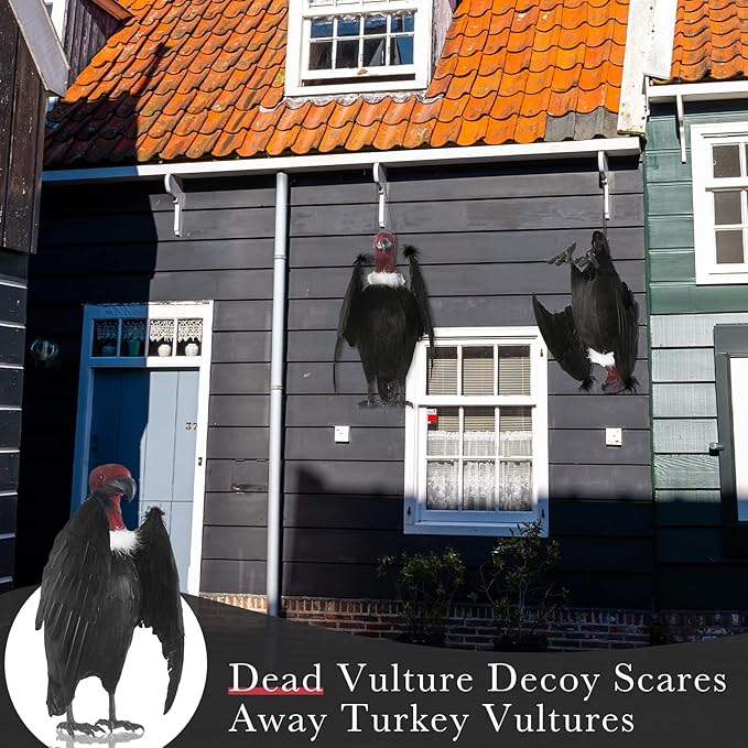 Tenceur 1 Piece Faux Vulture Effigy 18'' Large Fake Vulture Decoys Simulated Full Feathered Realistic Bird Black Hanging Faux Bird Scarecrow for Yard Roofs Trees Garden