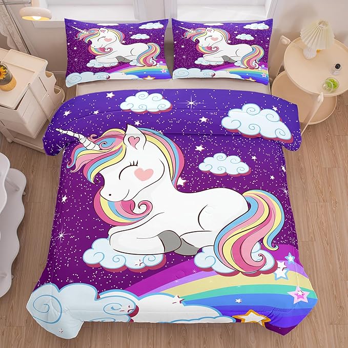 Tailor Shop Unicorn Bedding Sets Twin Size,Purple Unicorn Comforter Sets for Girls Kids Teens with 1 Pillowcase…