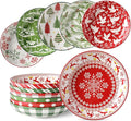 Christmas Pasta Bowl Set, 8 Inch Salad Serving Bowl, Wide and Shallow Bowl Plate for Kitchen, Dishwasher and Microwave Safe, Set of 6