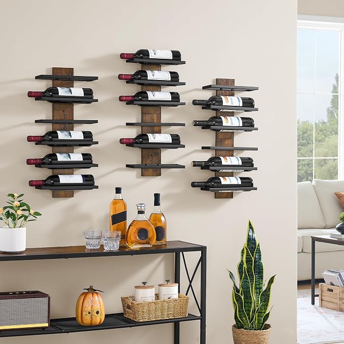 Hoctieon 3-Set 6 Tier Wall Mount Wine Rack, Wall Mounted Wine Bottle Racks for Display and Storage, Hanging Bottle Holder, for Living Room, Dining Room, Bar, Wine Cellar, Rustic Brown
