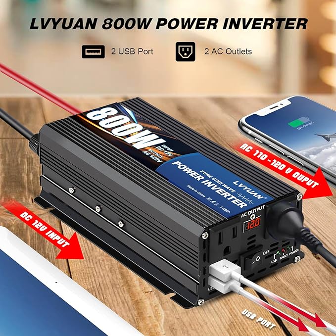 LVYUAN 800 Watt Pure Sine Wave Power Inverter 12V to 110V120V DC to AC Converter with Dual Sockets, Dual USB Ports, LED Display for Home Outdoor RV Car Power Inverter Power Adapter