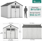 YITAHOME 8x10 FT Outdoor Storage Shed with Floor, Plastic Garden Shed for Bikes, Tools, and Pool Supplies, Outdoor Resin Shed with Lockable Doors, Windows, and Vents for Patio, Lawn, Backyard, Gray