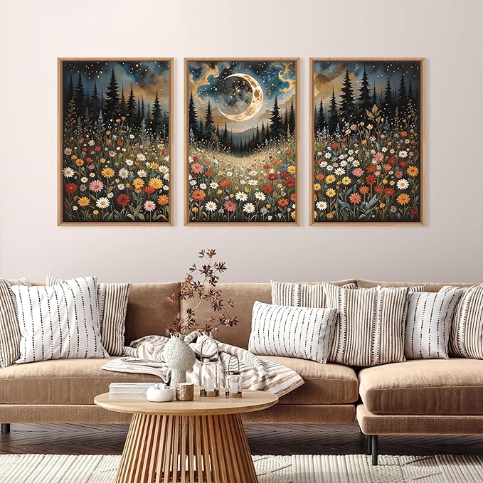 HPINUB Wildflower Moon Forest Framed Canvas Wall Art Set,Nature Pine Tree Wall Decor,Mystical Starry Night Artwork Rustic Mountain Landscape Art Print for Living Room,Bedroom,Office-16 x24 x3