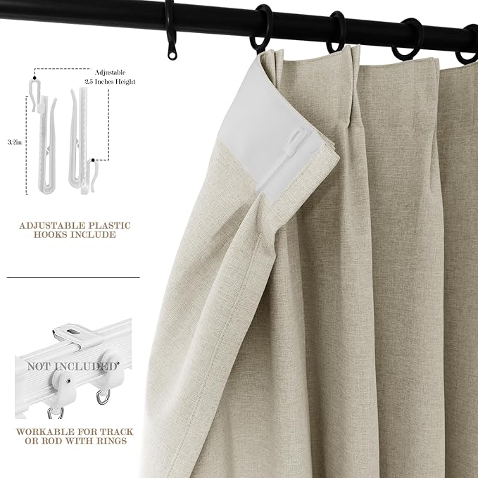 100% Blackout Linen Textured Drapes for Bedroom Pinch Pleated Curtains for Track System Portable Drapery for Sliding Glass Door/Storage/Space Room Divider, 70" Wx84 L, 1 PC, Ivory White