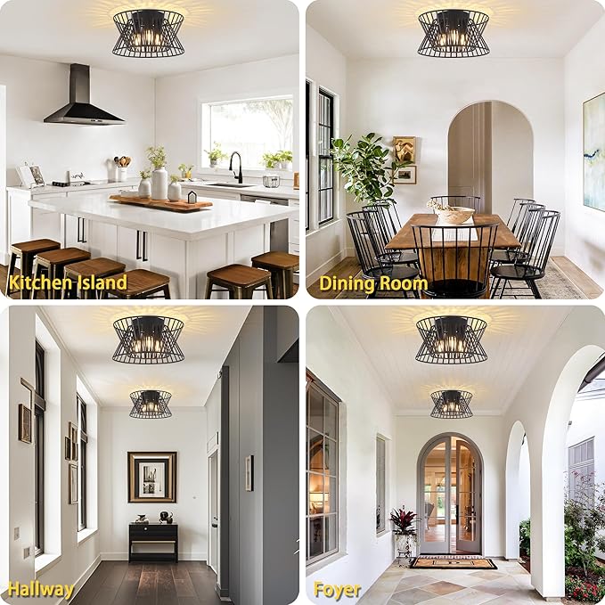 3-Lights Black Ceiling Light Vintage Geometric Chandelier Light Fixture Adjustable Metal Semi Flush Mount Lighting for Kitchen Room Dining Room Foyer