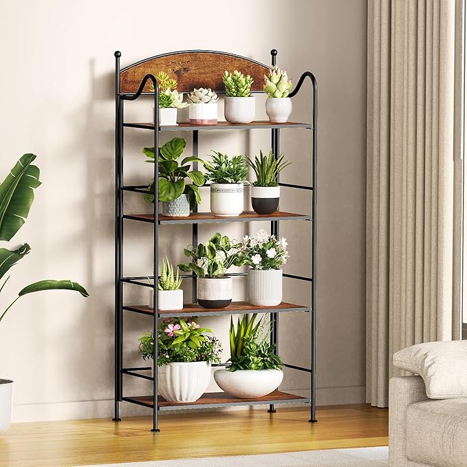 Folding Bookshelf No Assembly, 4 Shelf Black Folding Bookcase with Sturdy Metal Frame, Vintage Open Standing Collapsible Shelves for Bedroom, Living Room, Home Office Organization