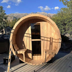 Outdoor Barrel Sauna with Porch, Wood Burning Stove Sauna 4 Person, Large Glass Window, Canadian Hemlock, Chimney Kit, Triple Waterproof System, Double Reinforcement(0-195℉)