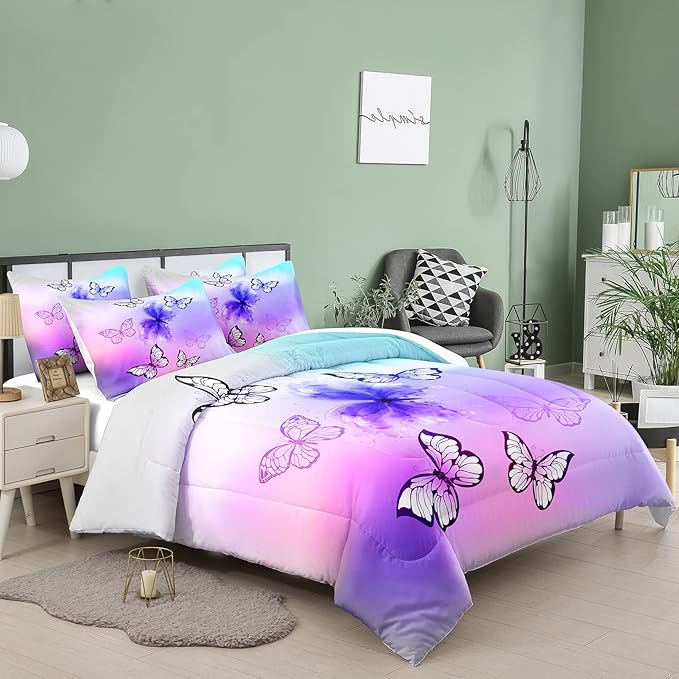Tailor Shop Butterfly Comforter Set Queen Size,Tie Dye Comforter Set for Girls Kids Teens Butterfly Bedding Room Decor Set,with 2 Pillowcase