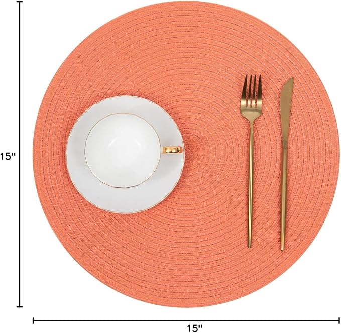 SHACOS Round Braided Placemats Set of 6 Washable Cotton Polyester Round Placemats for Kitchen Table 15 inch Round Table Mats (Coral, 6)